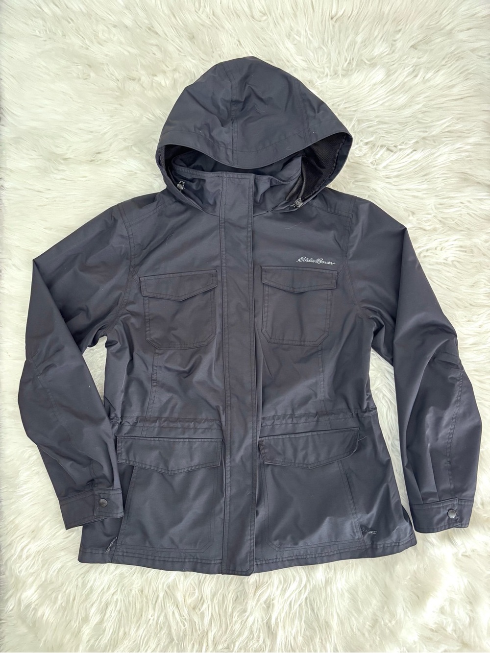 Eddie Bauer Mid Length Black Hooded Jacket Cinch Waist Windbreaker Women’s L